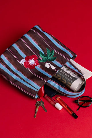 Bolsa Tote Bag Poppy Mini Ráfia Listrada Marrom