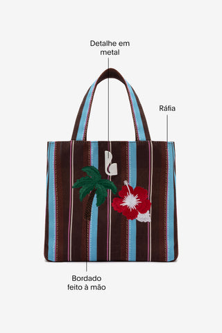 Bolsa Tote Bag Poppy Mini Ráfia Listrada Marrom