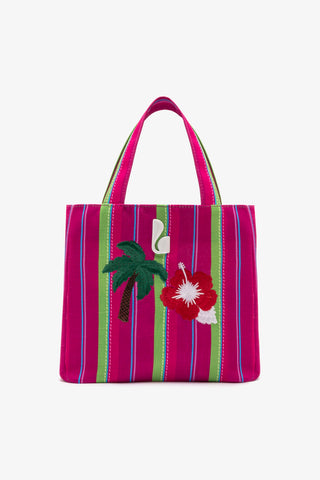 Bolsa Tote Bag Poppy Mini Ráfia Listrada Rosa e Verde
