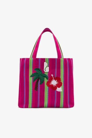 Bolsa Tote Bag Poppy Mini Ráfia Listrada Rosa e Verde