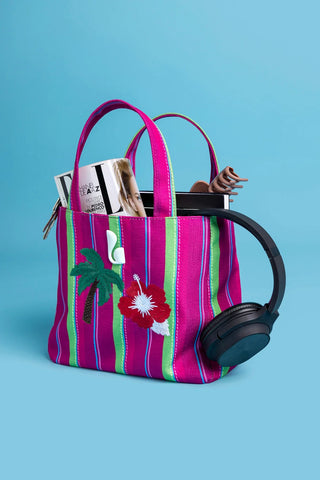 Bolsa Tote Bag Poppy Mini Ráfia Listrada Rosa e Verde