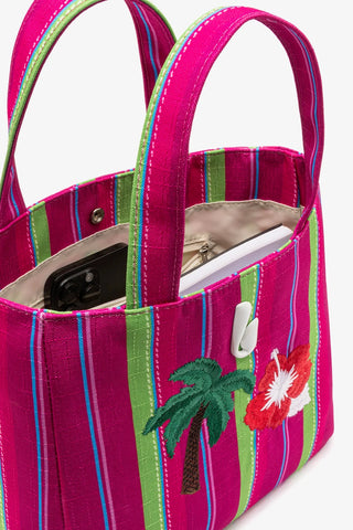 Bolsa Tote Bag Poppy Mini Ráfia Listrada Rosa e Verde