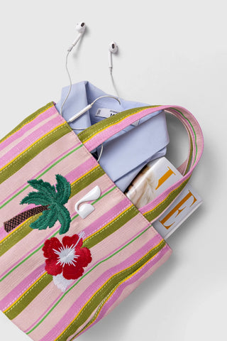 Bolsa Tote Bag Poppy Mini Ráfia Listrada Rosa