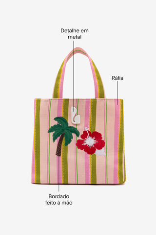 Bolsa Tote Bag Poppy Mini Ráfia Listrada Rosa