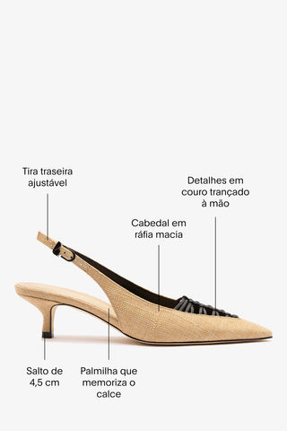 Slingback Nara Ráfia Bege e Couro Preto Pump Larroudé
