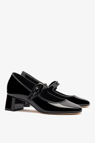Scarpin Salto Bloco Verona Couro Verniz Preto Pump Larroudé
