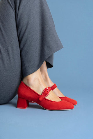 Scarpin Salto Bloco Verona Camurça Vermelho Pump Larroudé