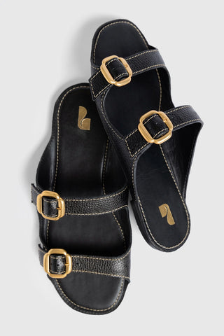 Flat Amalfi Couro Preto Flat Sandal Larroudé