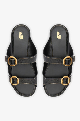 Flat Amalfi Couro Preto Flat Sandal Larroudé
