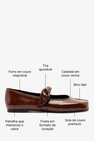 Sapatilha Verona Tabi Couro Verniz Marrom Flat Larroudé