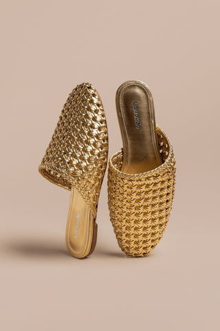 Venice Macrame Flat Mule In Gold Metallic Leather