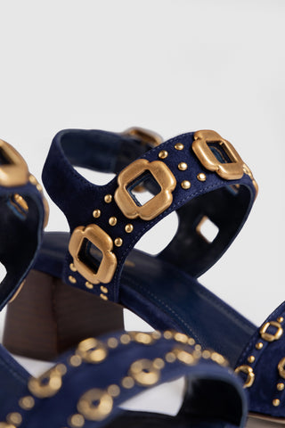 Sandália Salto Bloco Milan Azul e Tachas Dourado
