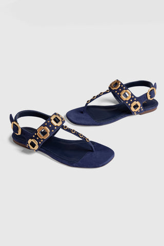 Sandália Flat Milan Couro Azul e Tachas Dourado
