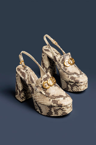 Slingback Plataforma Harrington Hi Couro Cobra Bege Womens - Shoes - Loafers Larroudé