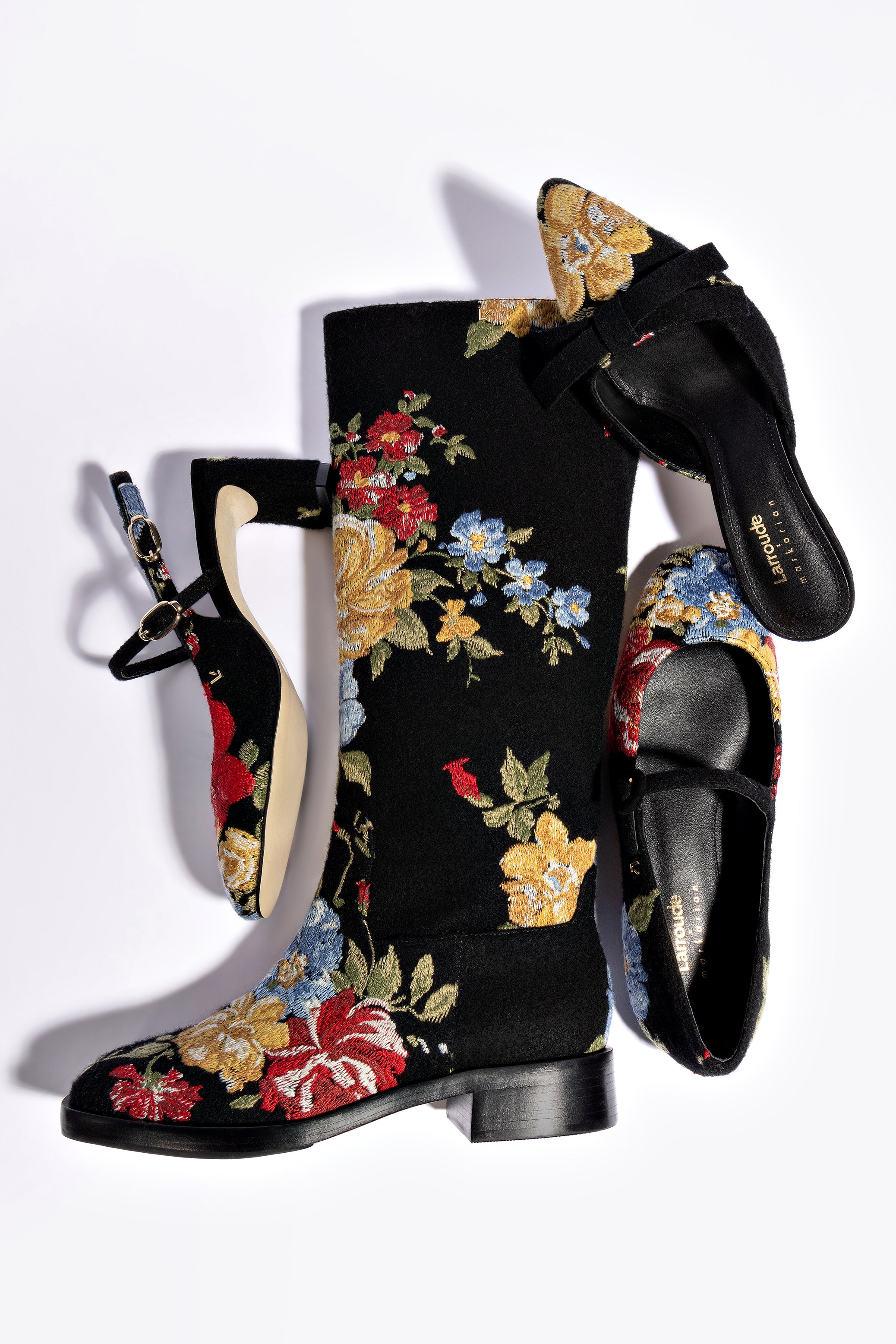 Larroudé x Markarian Flat Boot In Black Wool and Floral Embroidery