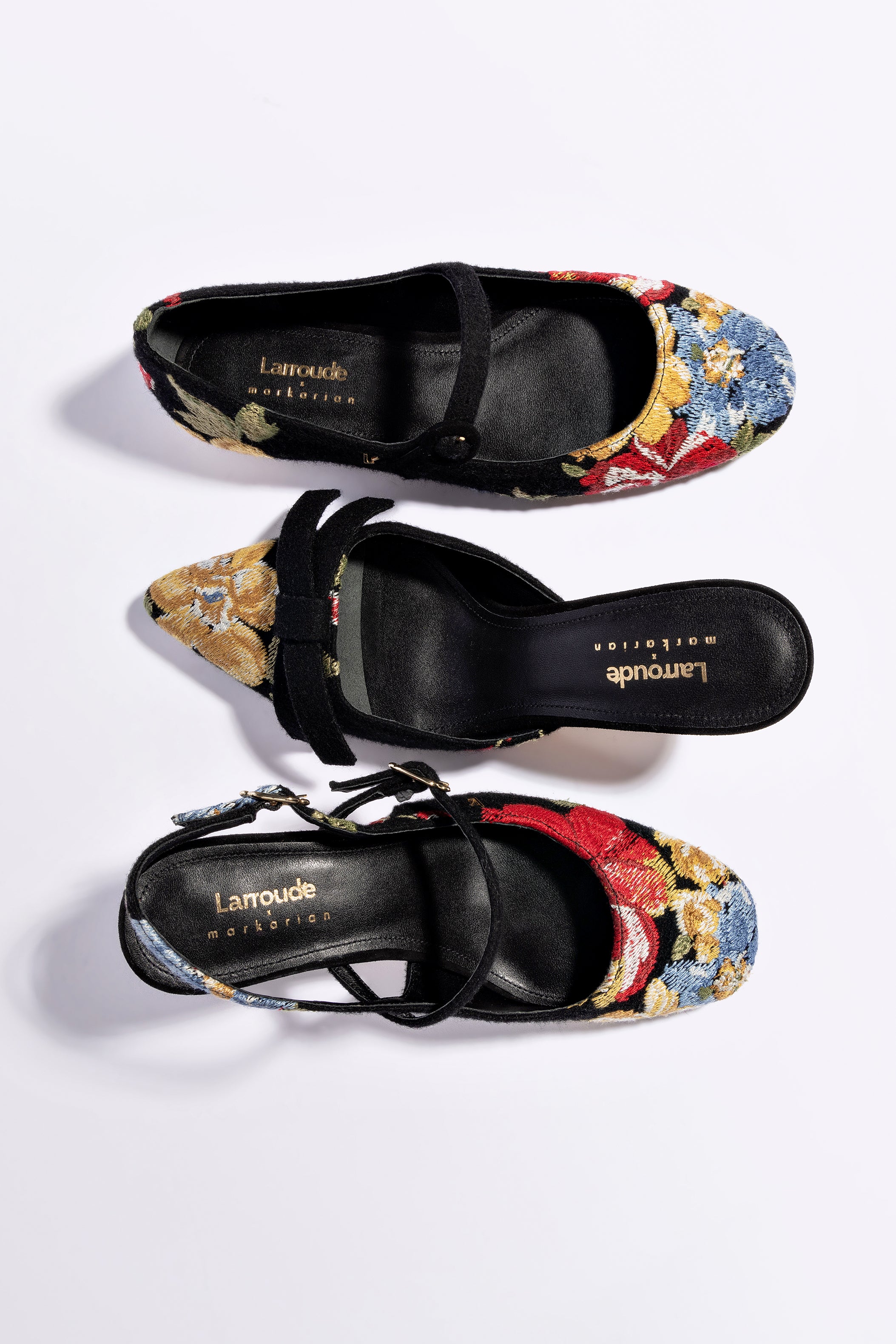 Larroudé x Markarian Flat In Floral Wool and Black Embroidery