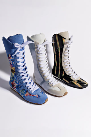 Larroudé x Jonathan Cohen Flat Lo Sneaker Boot In White Leather, Maya and Mushroom Grey Suede