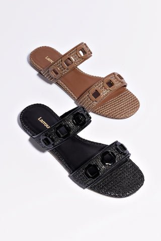 Milan Flat Mule In Caramel Wave Raffia