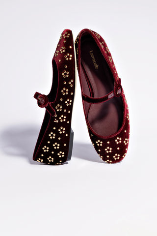 Blair Ballet Flat In Wine Velvet and Gold Studs
