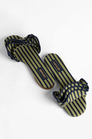 Flat Ivy Lona Listrada Azul e Babados Larroudé