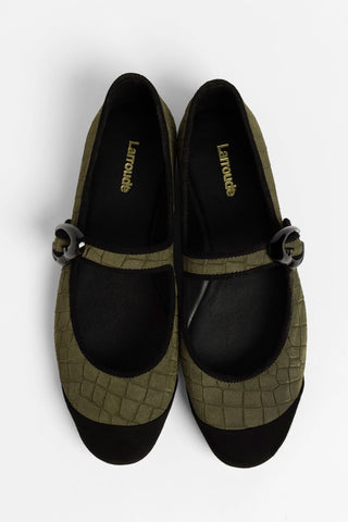 Sapatilha Verona Cap Camurça Croco Verde Oliva e Preto Ballet Larroudé